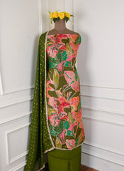 Banarasi Silk Green Unstitched Suit