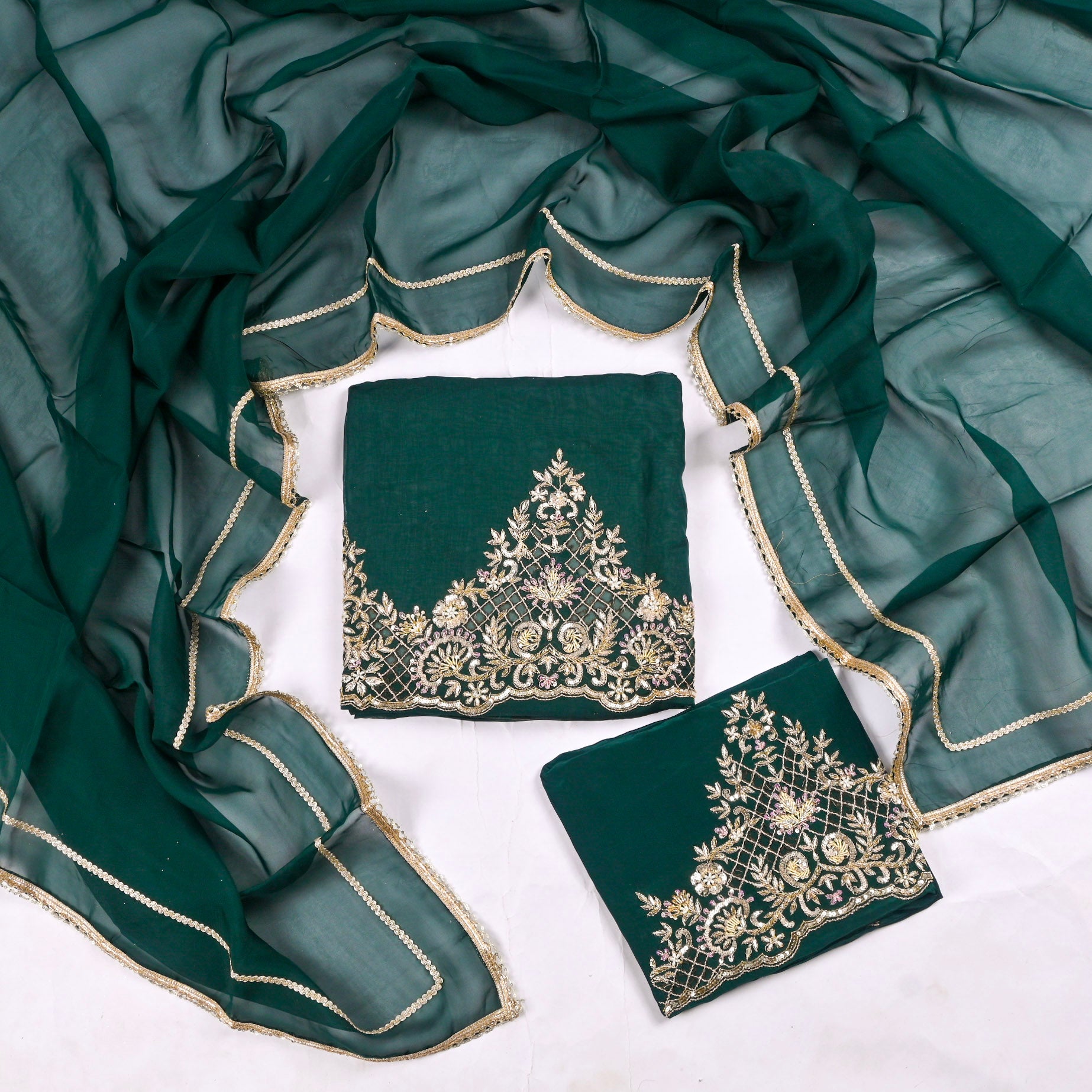 Organza Green Unstitched Suit