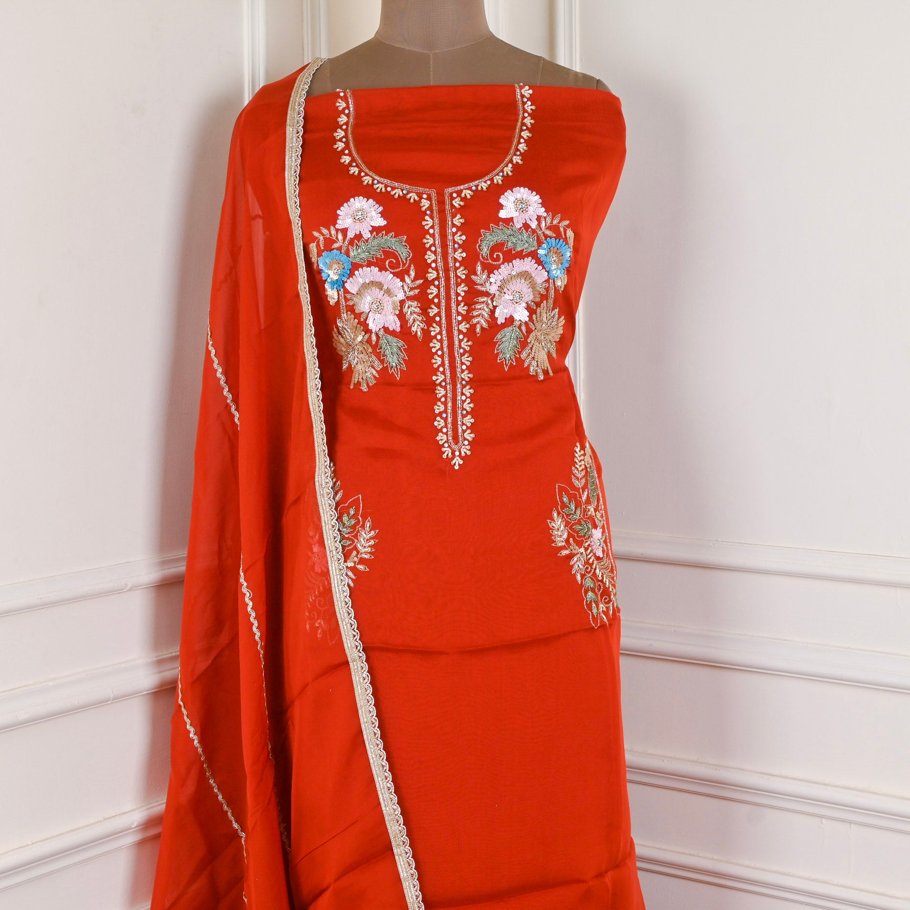 Organza Rust Unstitched Suit