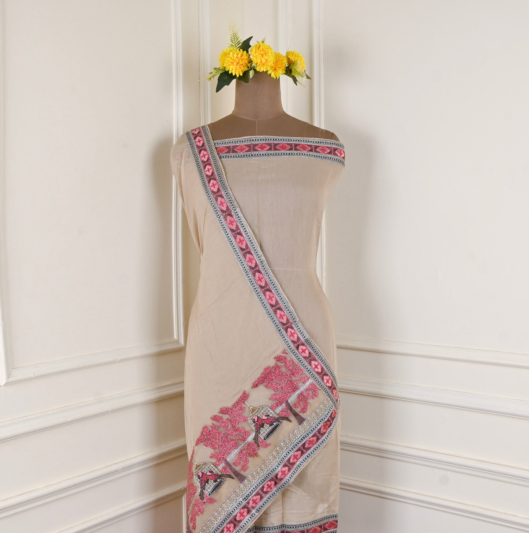 Mul Cotton Beige Unstitched Suit