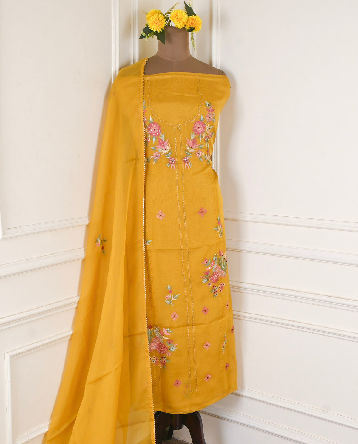 Organza Yellow Unstitched Suit