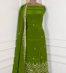 Crepe Green Unstitched Lehenga Suit