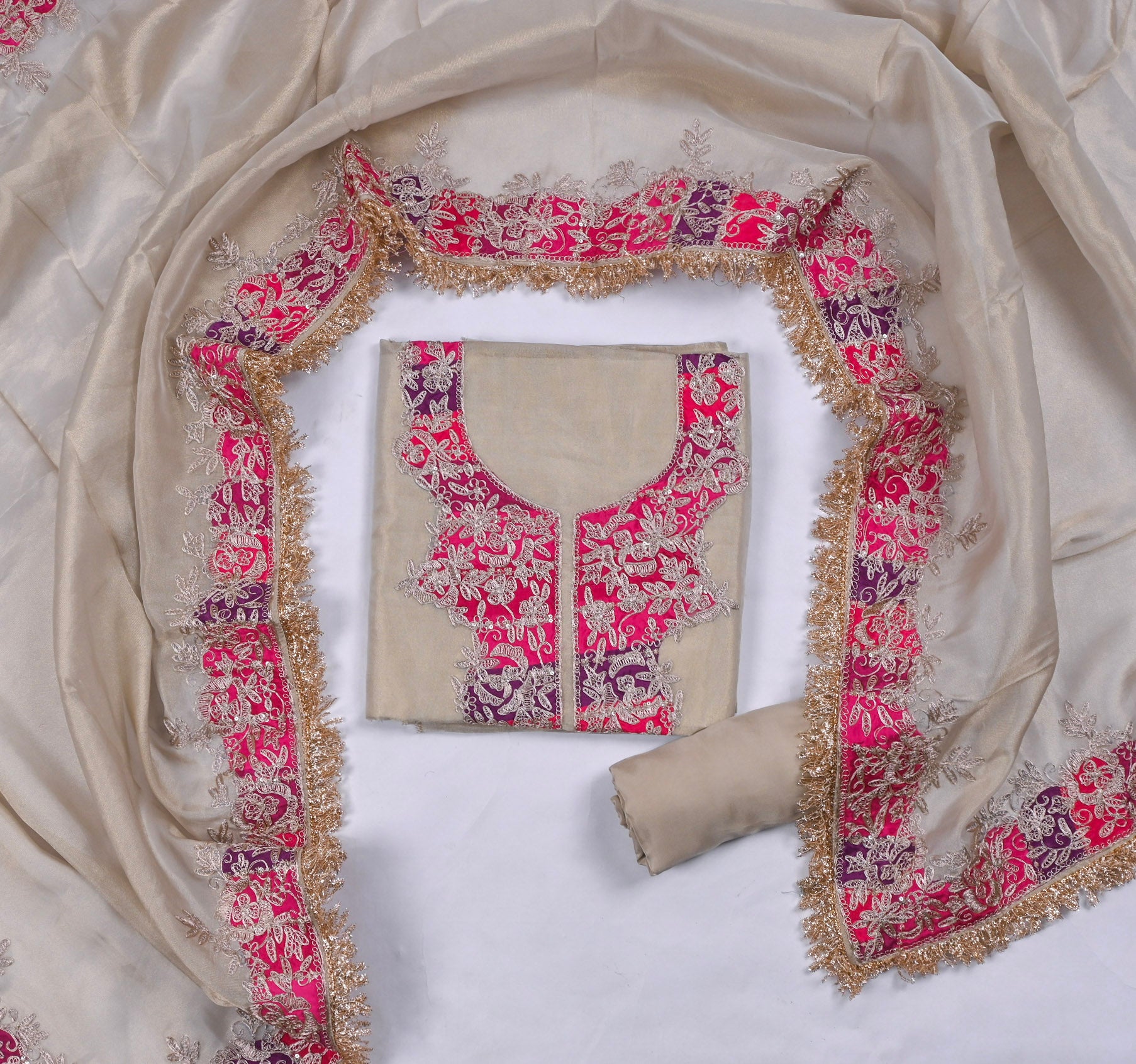 Shimmer Beige Pink Unstitched Suit