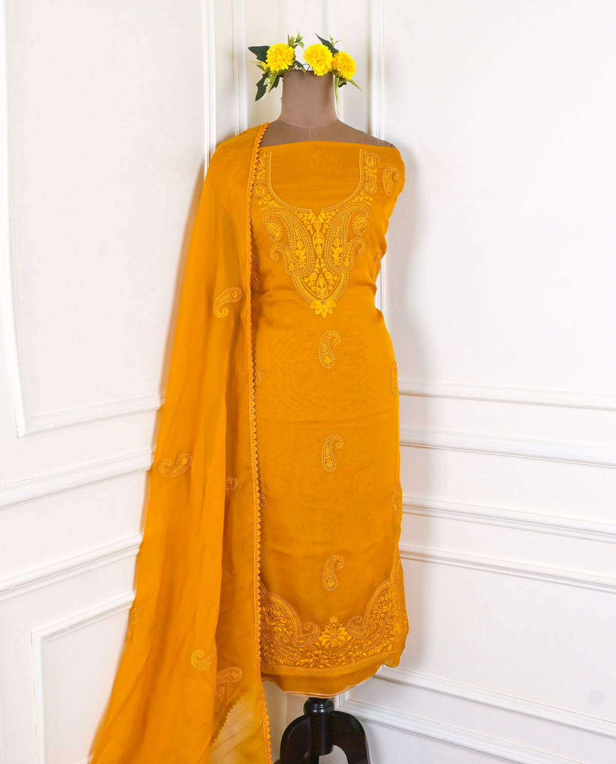 Organza Yellow Unstitched Suit