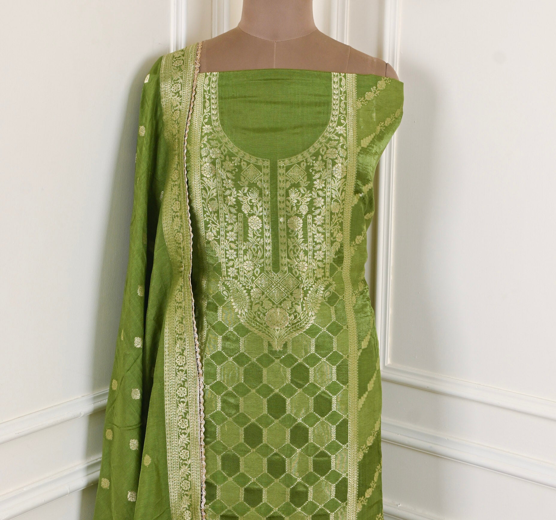 Banarasi Olive Green Unstitched Suit