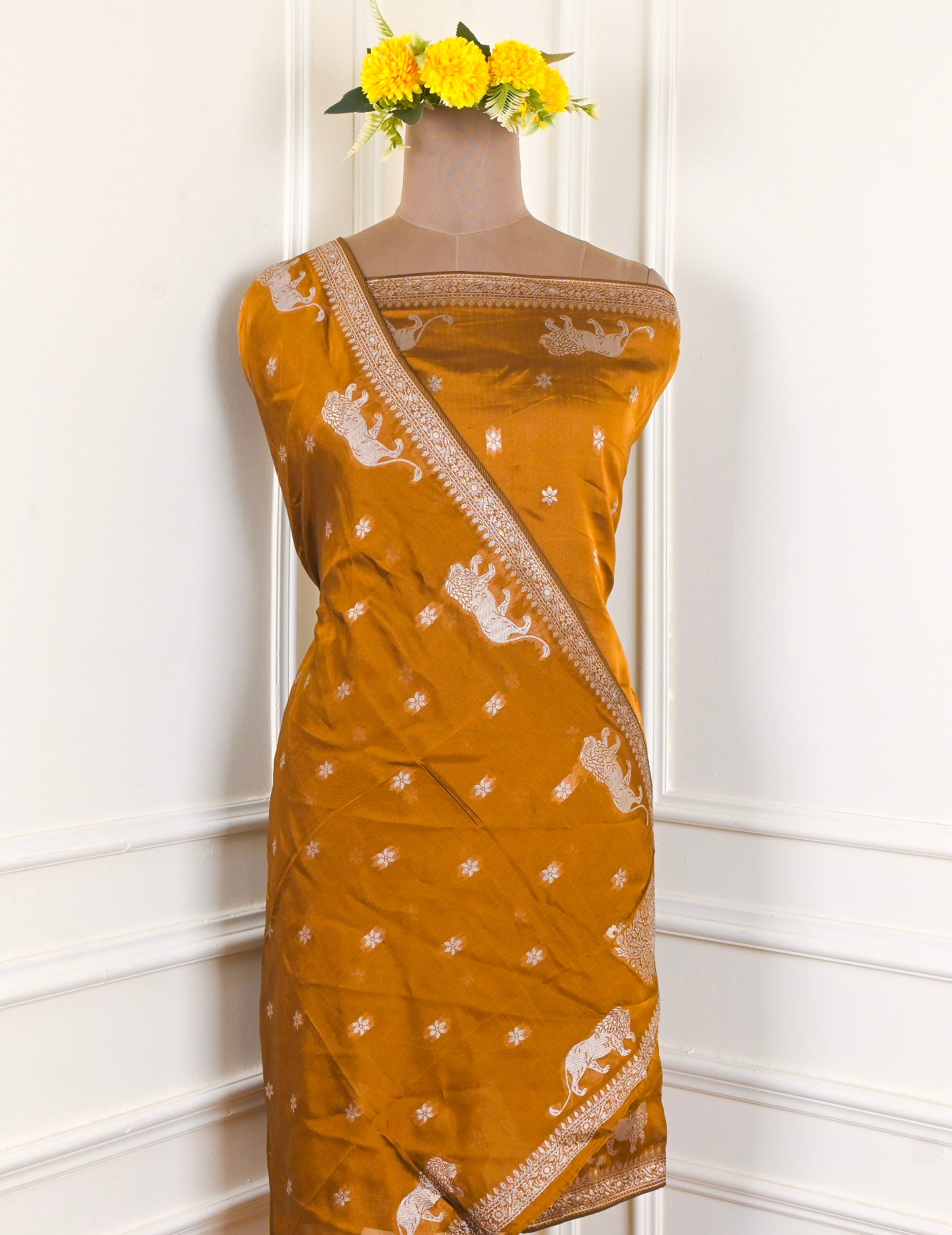 Banarasi Mustard Brown Unstitched Suit