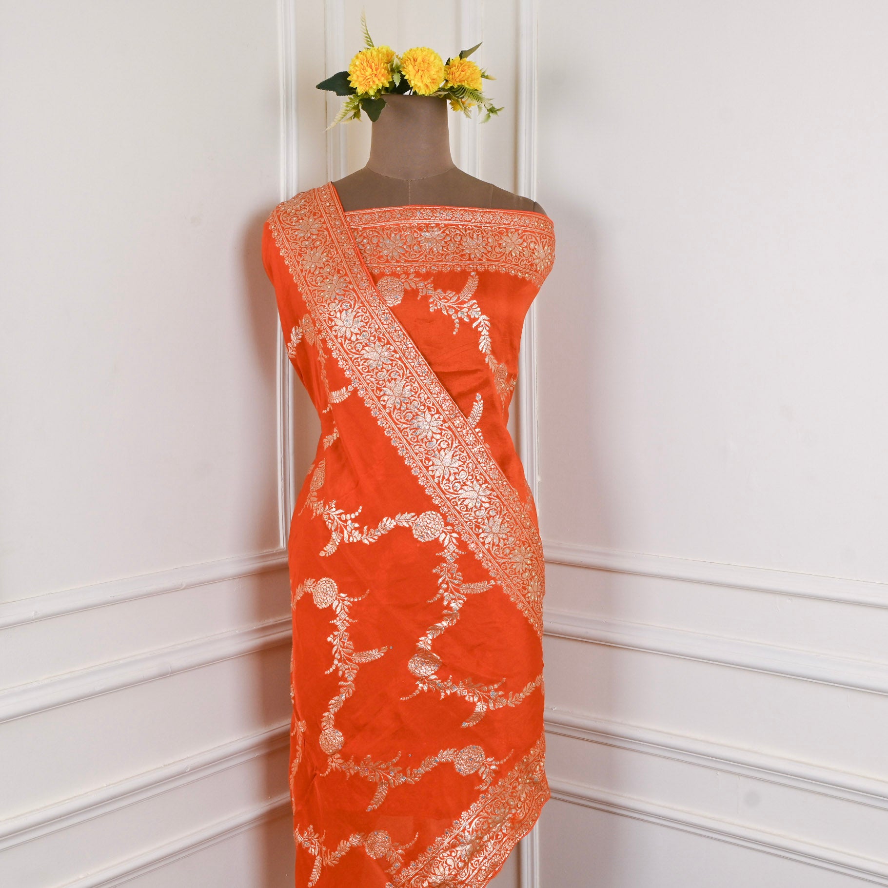Banarasi Silk Orange Unstitched Suit