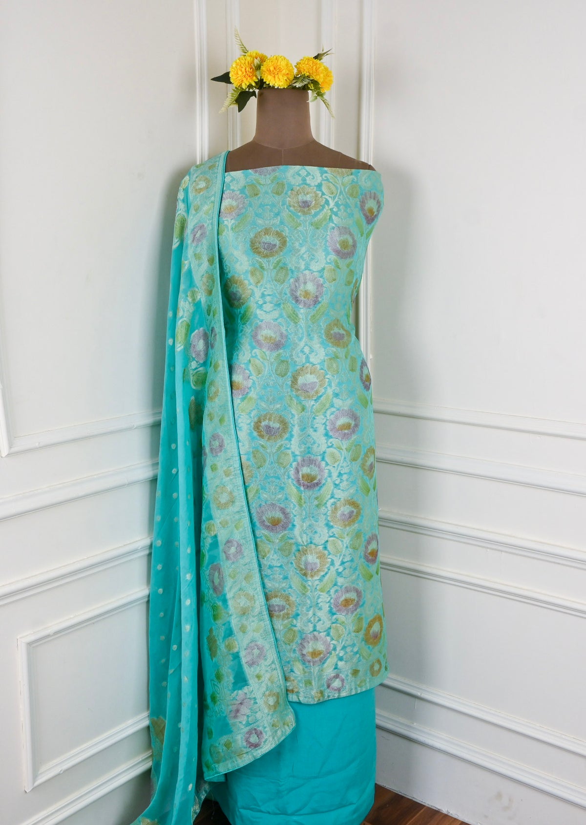 Banarasi Aqua Blue Unstitched Suit