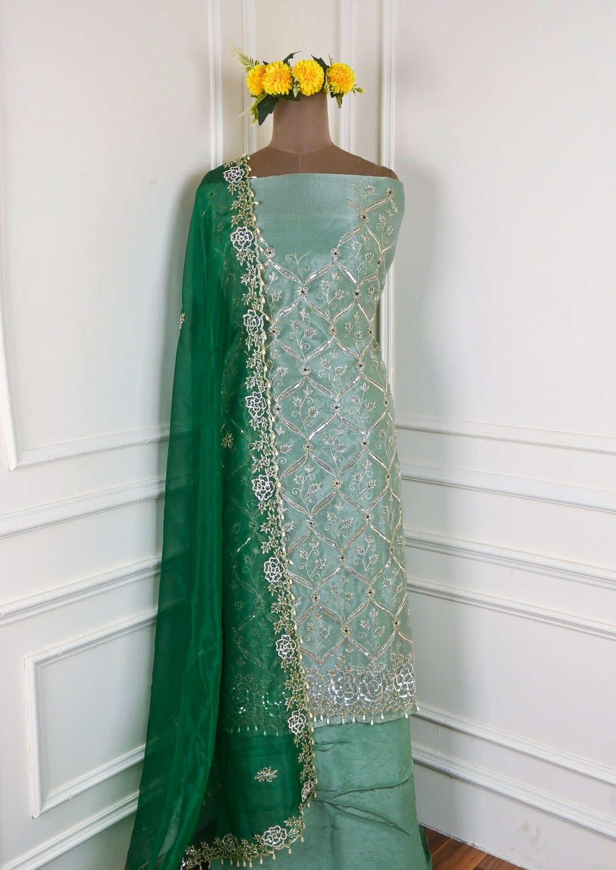 Glass Organza Pista Green Unstitched Suit
