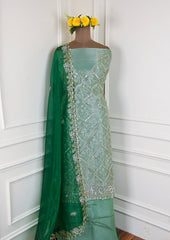 Glass Organza Pista Green Unstitched Suit