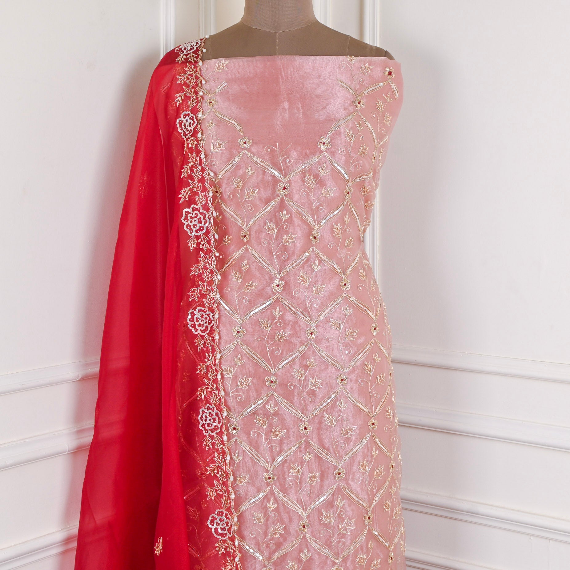 Glass Organza Peach Unstitched Suit
