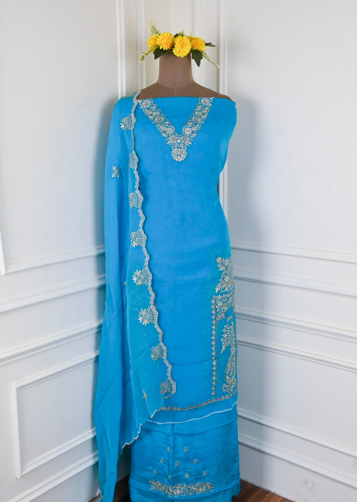 Organza Sky Blue Unstitched Suit