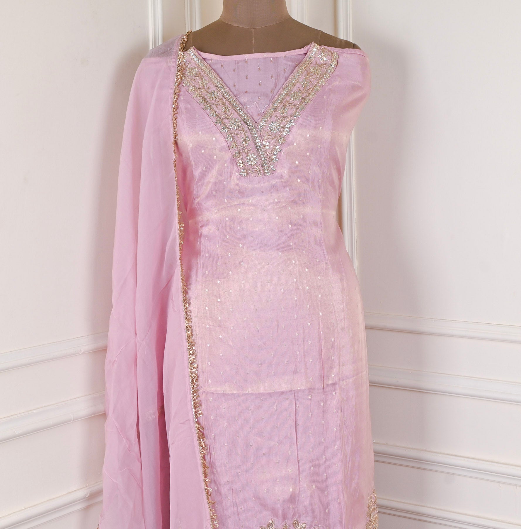 Banarasi Pink Unstitched Suit