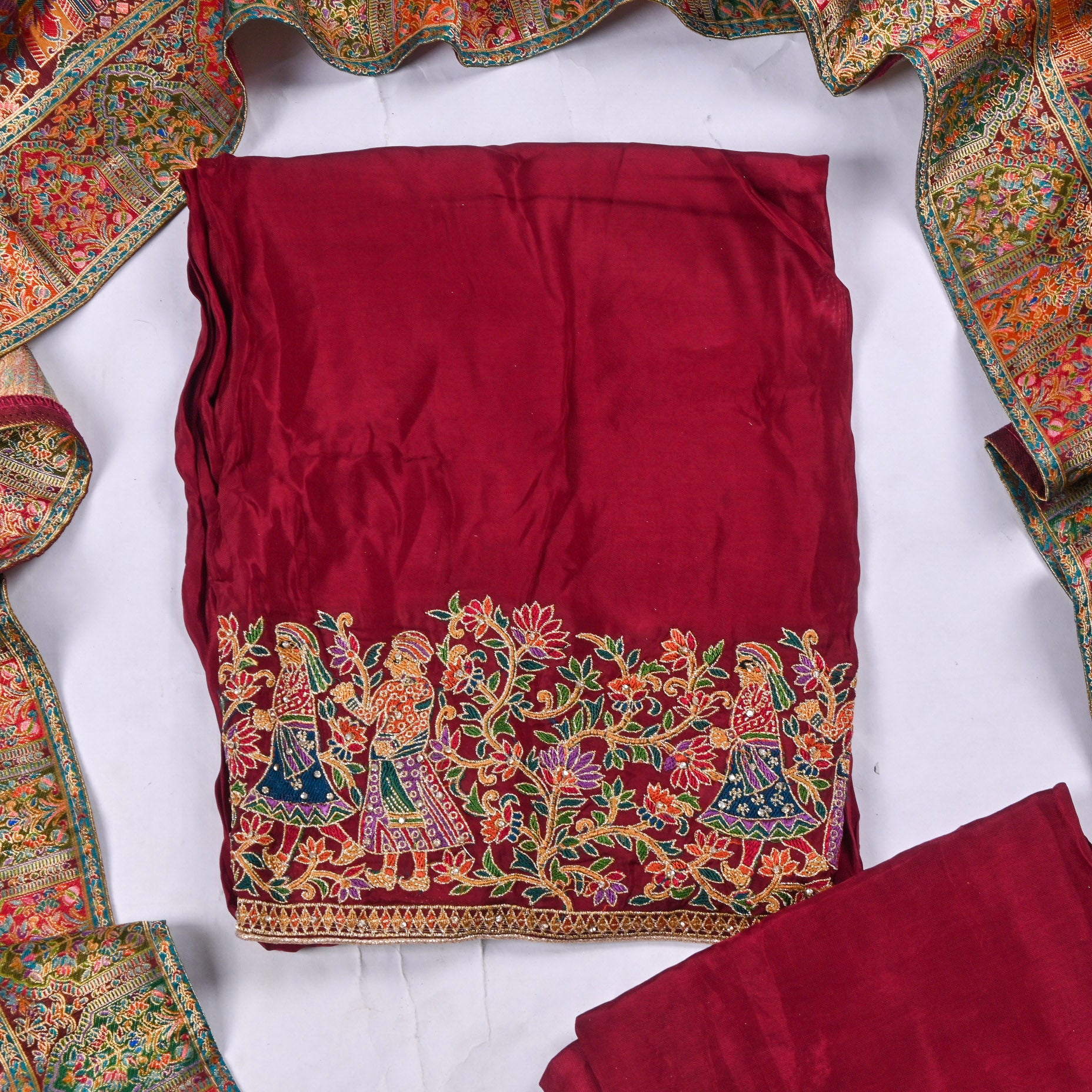Crepe Silk Maroon Unstitched Suit