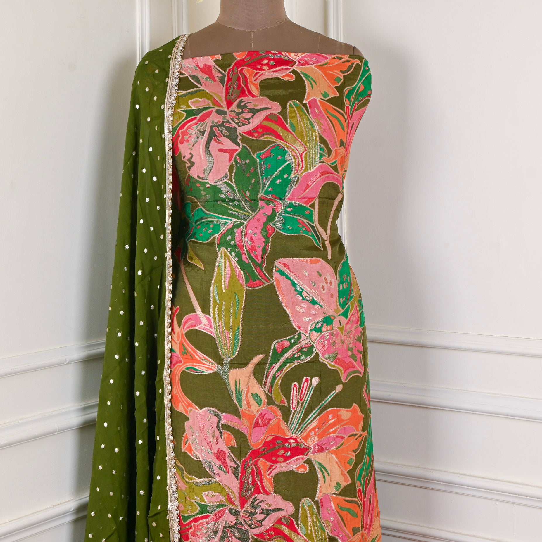 Banarasi Silk Green Unstitched Suit
