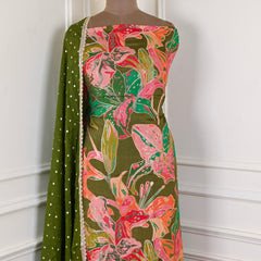 Banarasi Silk Green Unstitched Suit