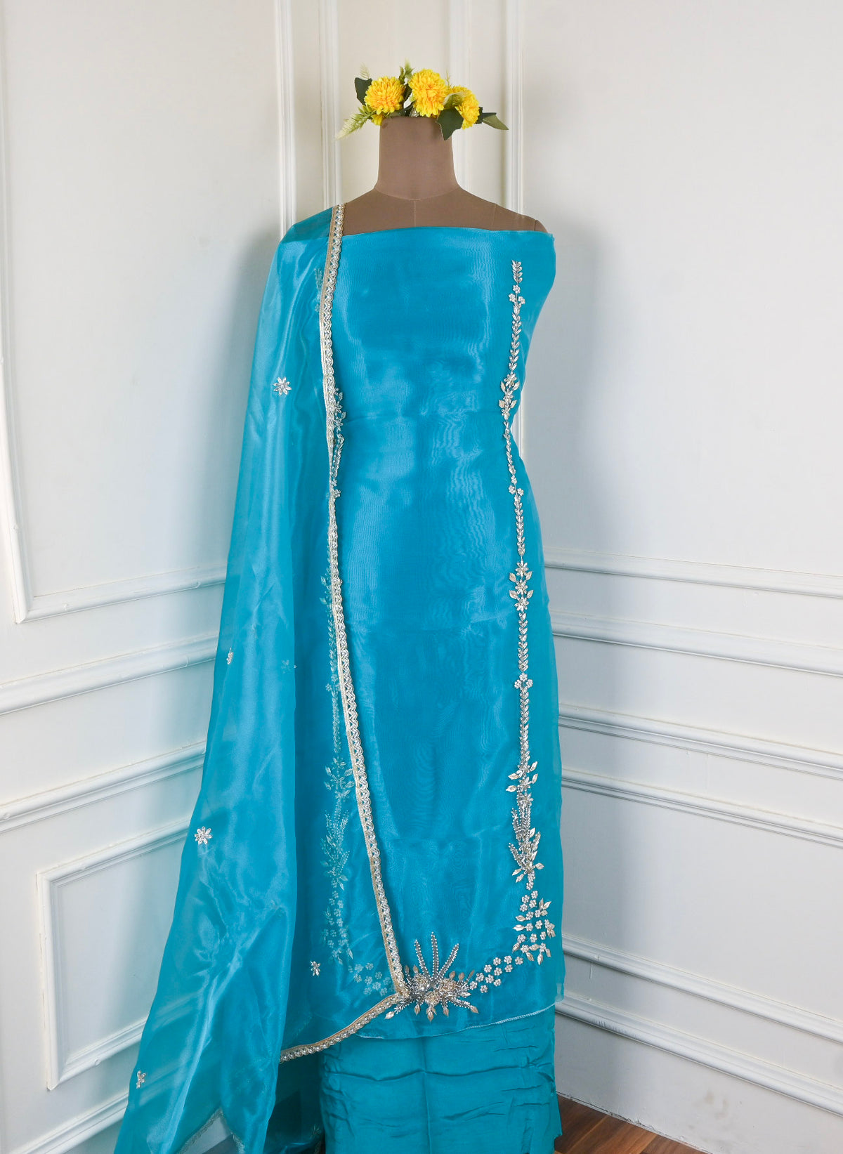 Firozi Glass Shimmer Unstitched Suit