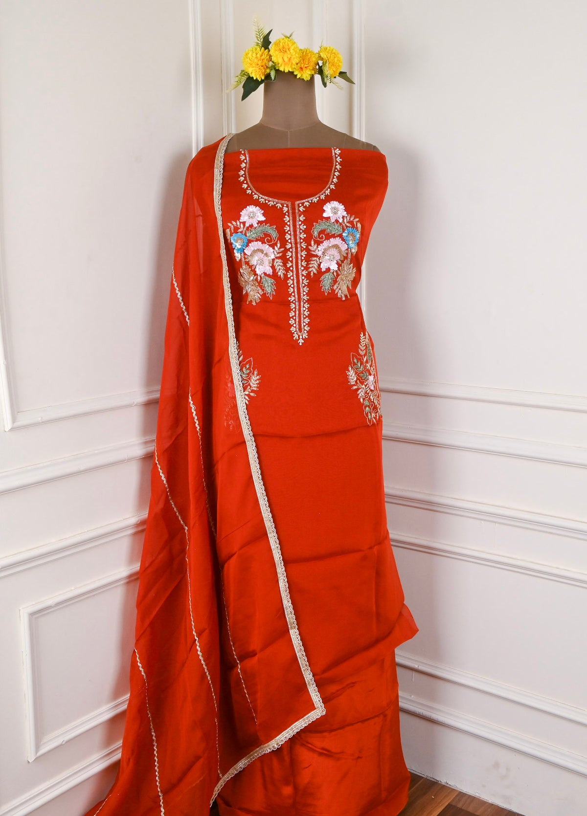 Organza Rust Unstitched Suit