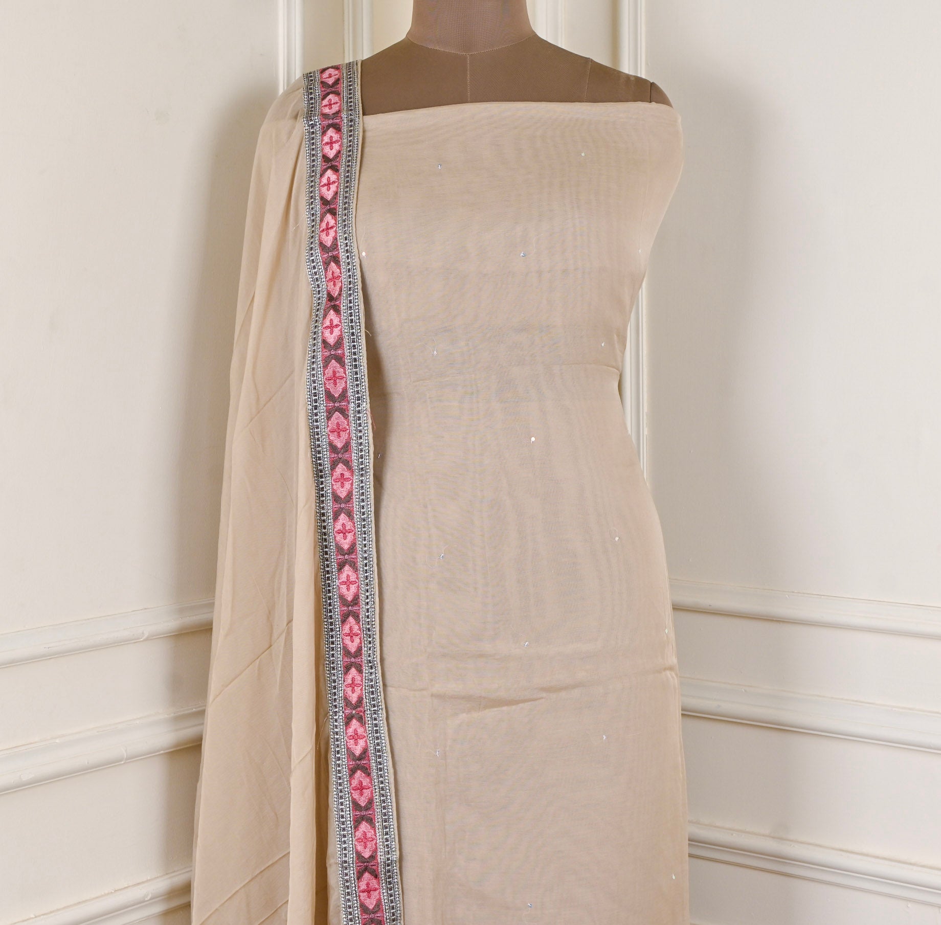 Mul Cotton Beige Unstitched Suit
