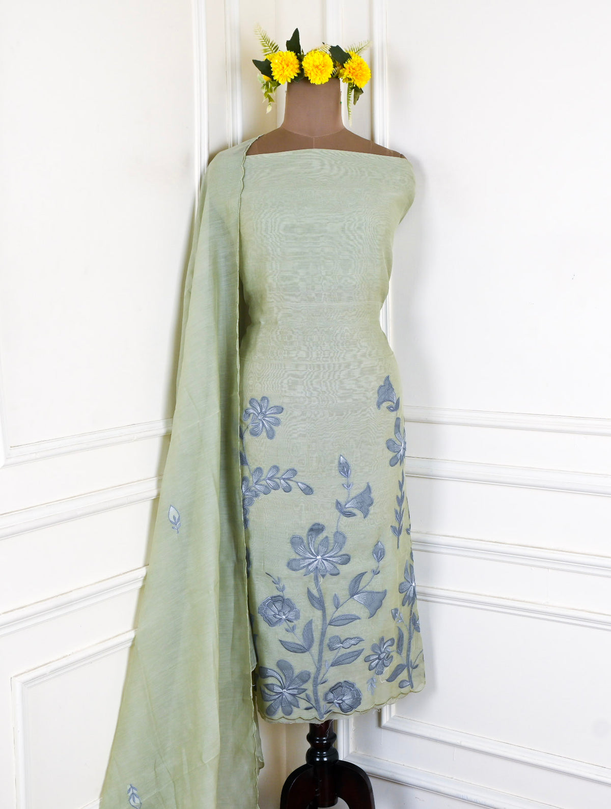 Mul Cotton Pista Green Unstitched Suit