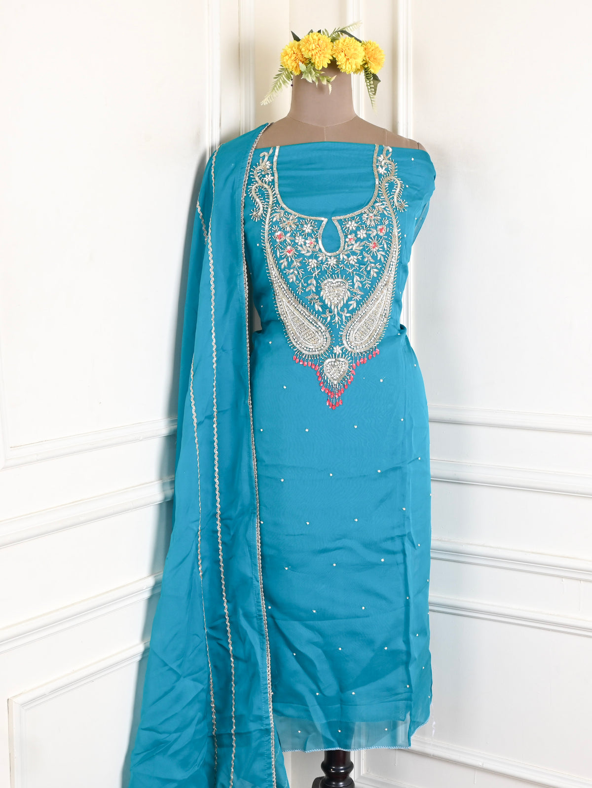 Organza Sky Blue Unstitched Suit