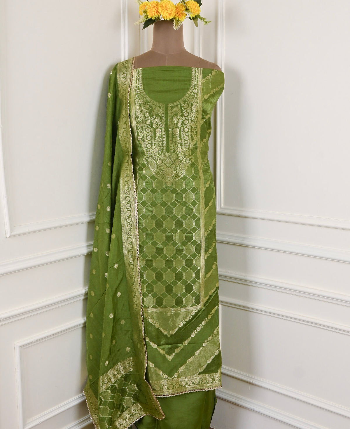 Banarasi Olive Green Unstitched Suit