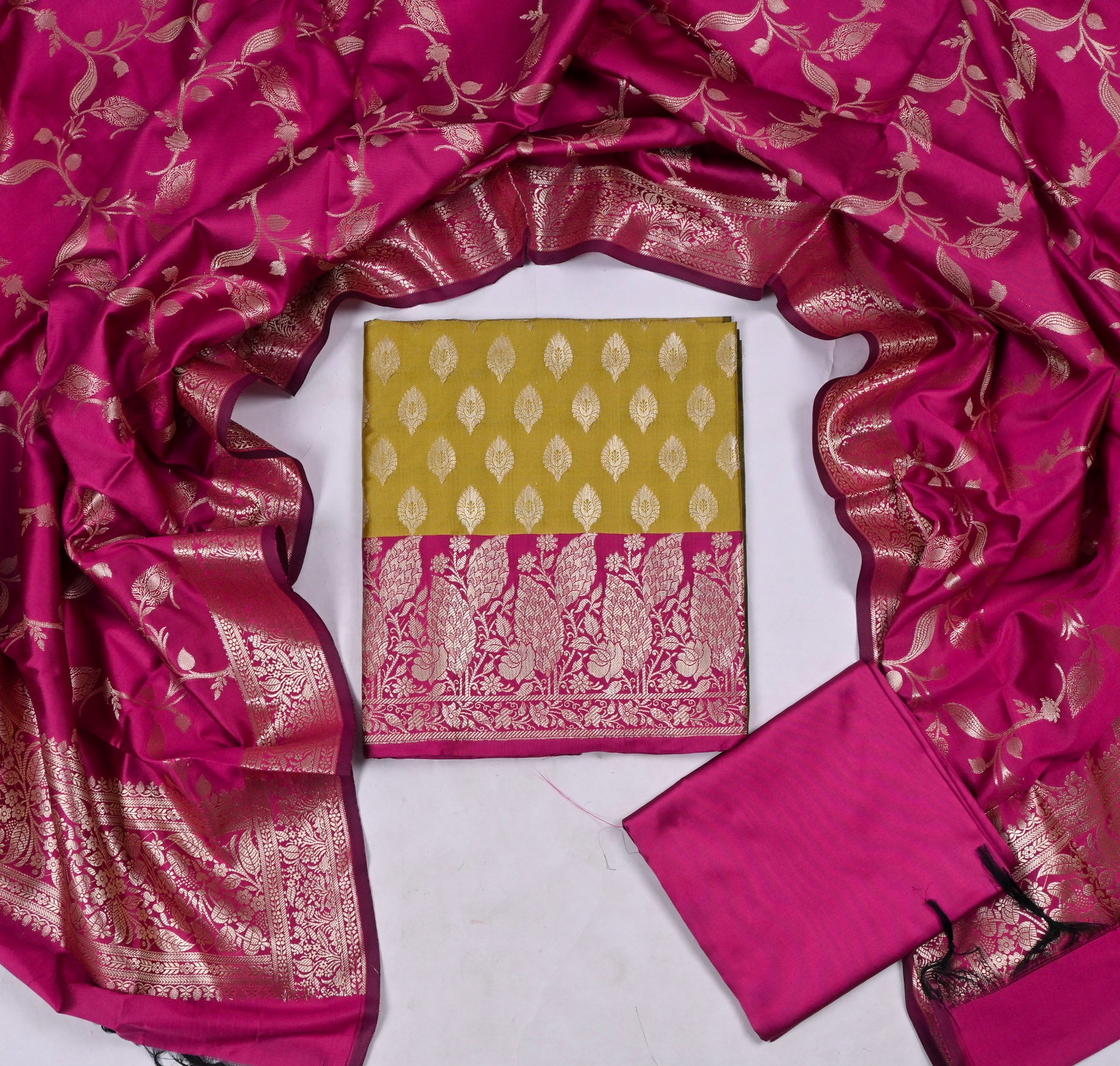 Banarasi Silk Yellow Unstitched Suit