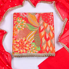 Banarasi Silk Red Unstitched Suit