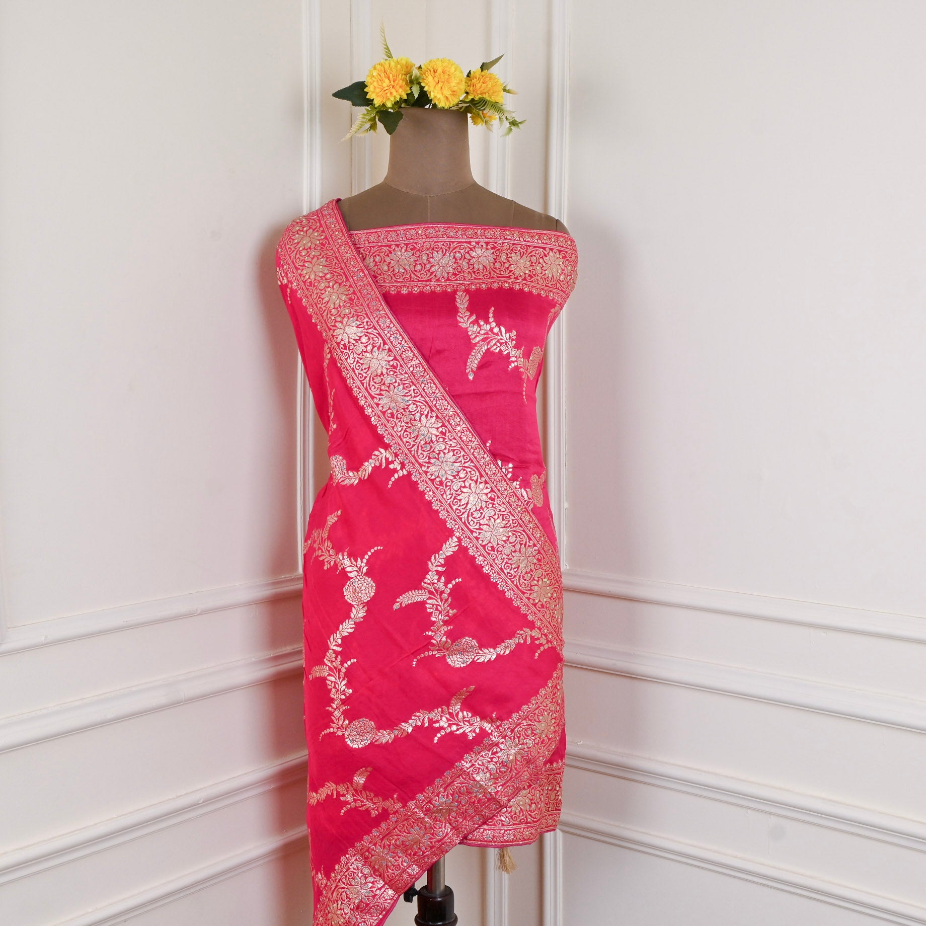 Banarasi Silk Pink Unstitched Suit
