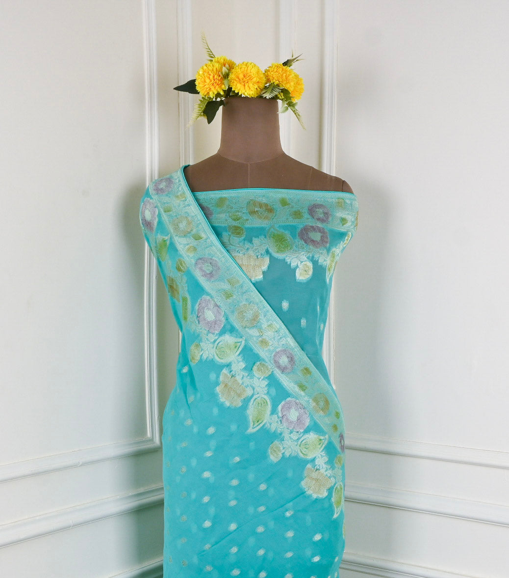 Banarasi Aqua Blue Unstitched Suit