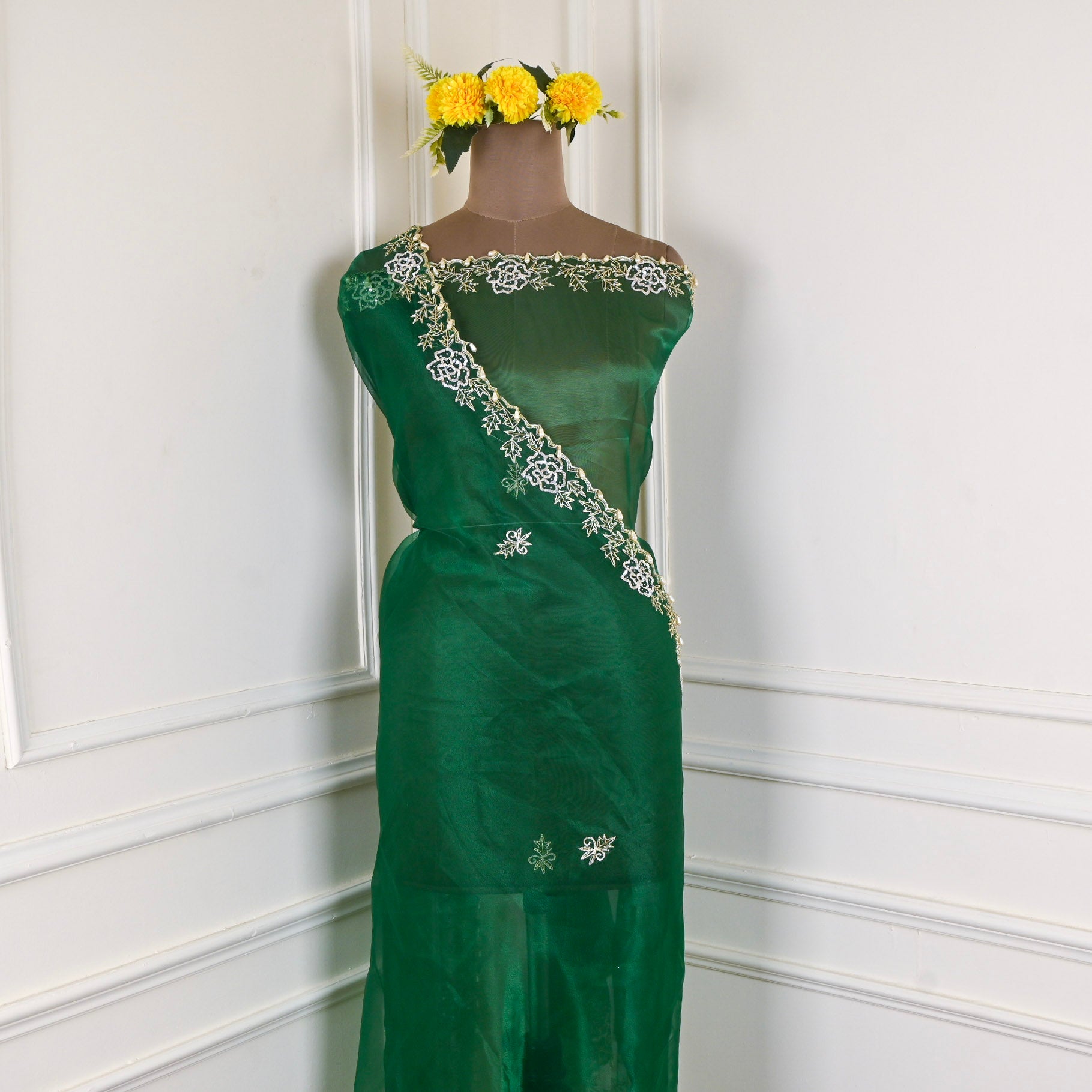 Glass Organza Pista Green Unstitched Suit