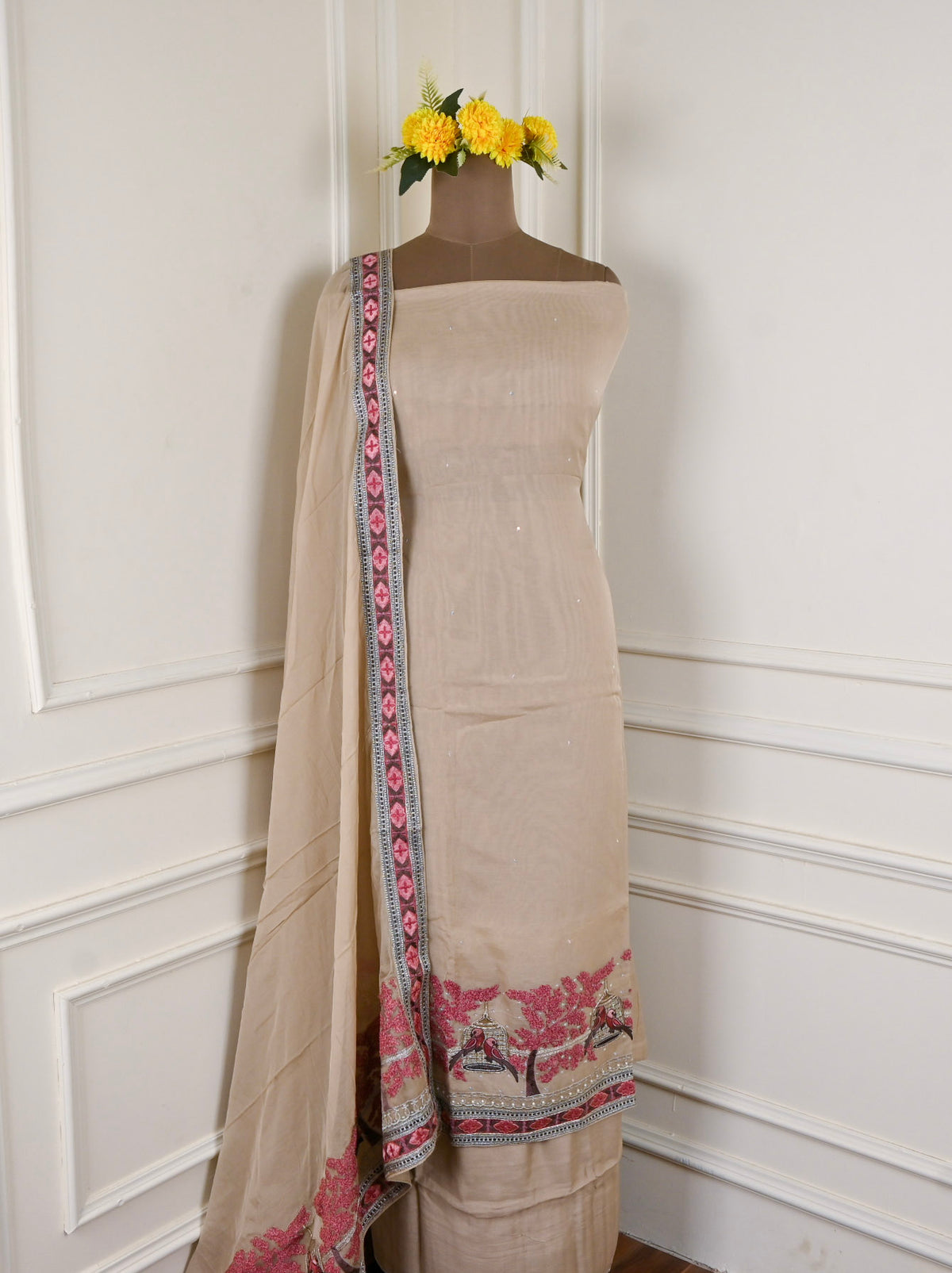Mul Cotton Beige Unstitched Suit