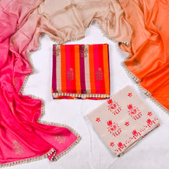 Soft Tussar Silk Orange Unstitched Suit