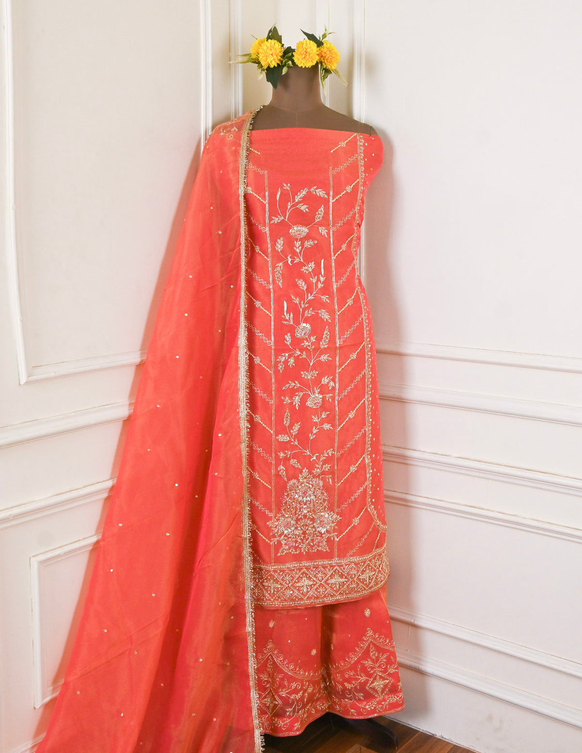 Shimmer Peach Unstitched Lehenga Suit