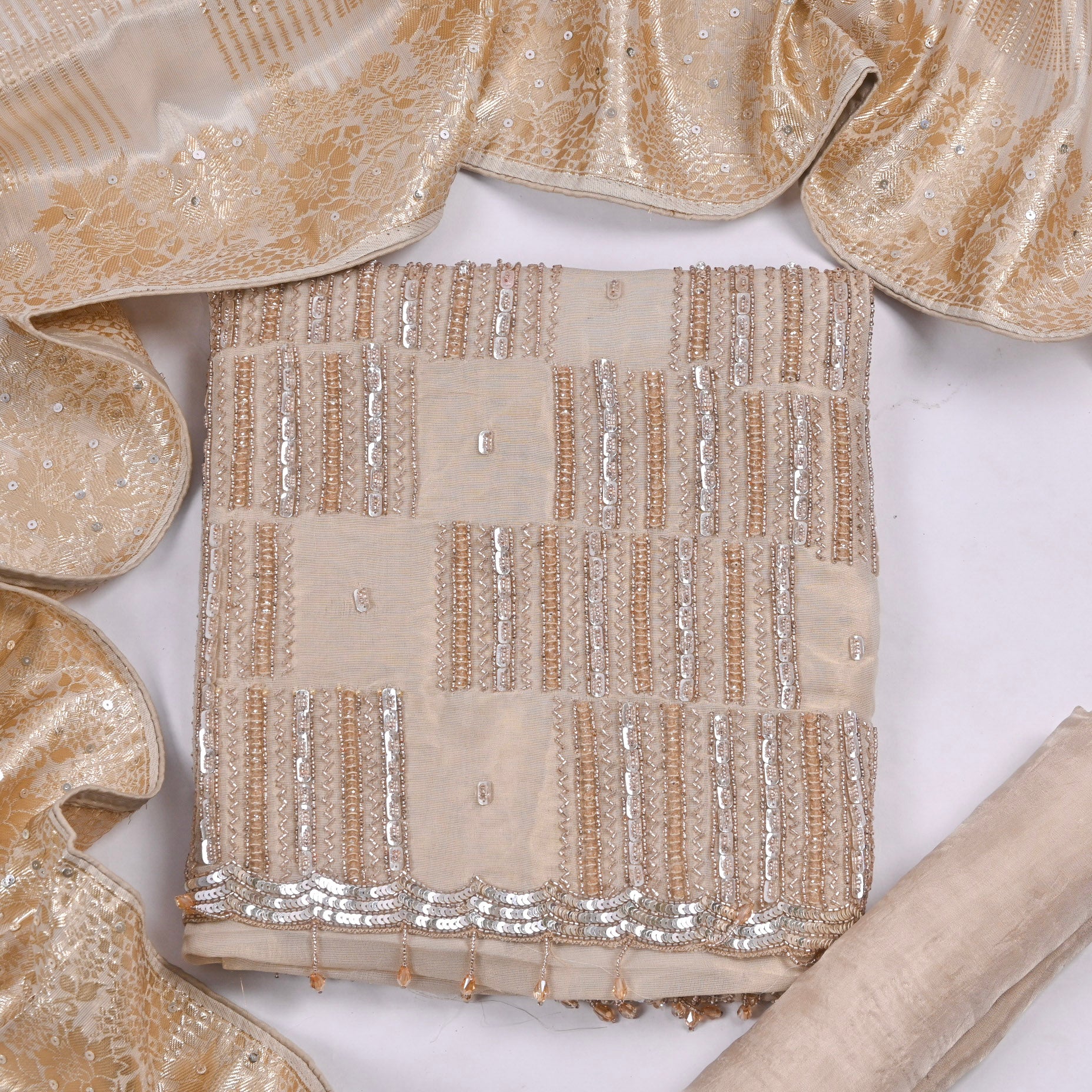 Glass Shimmer Cream Unstitched Suit