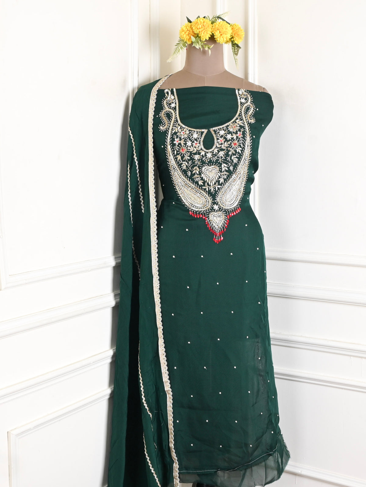 Organza Green Unstitched Suit
