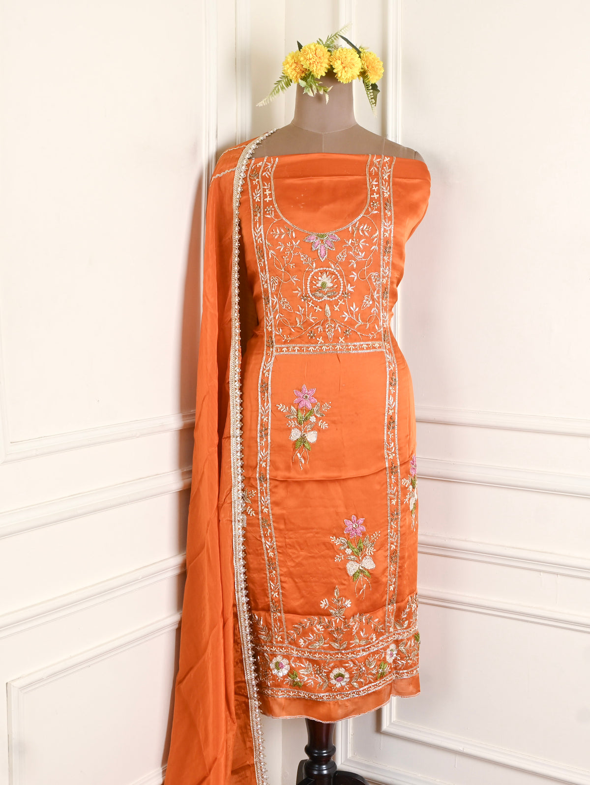 Silk Organza Orange Unstitched Suit