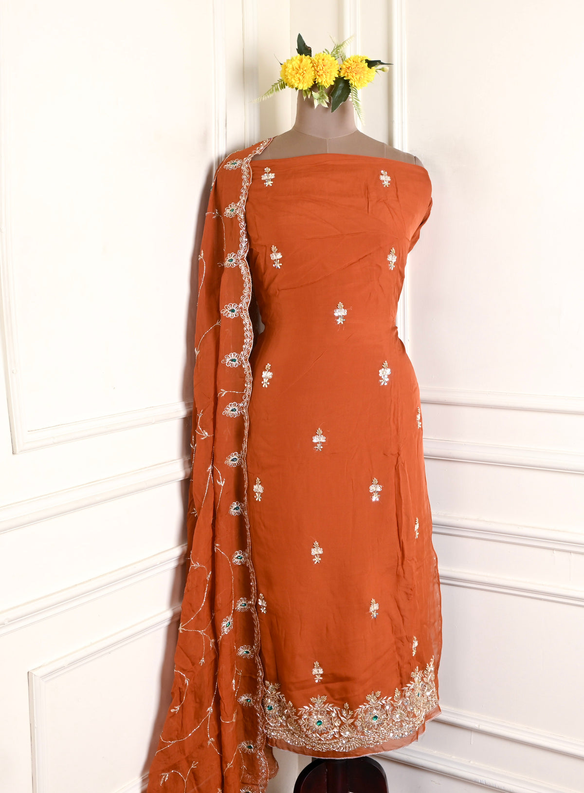 Organza Rust Unstitched Suit