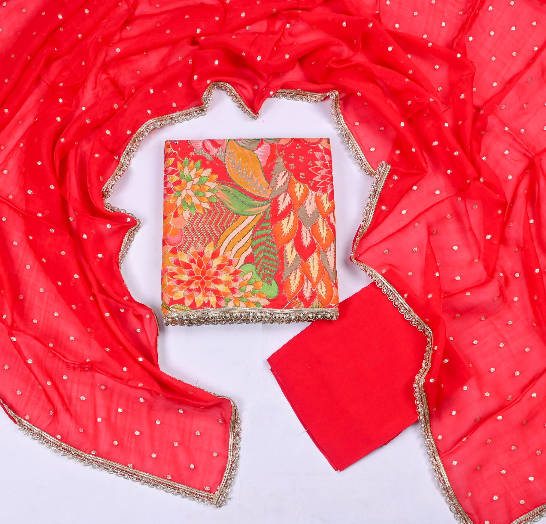 Banarasi Silk Red Unstitched Suit