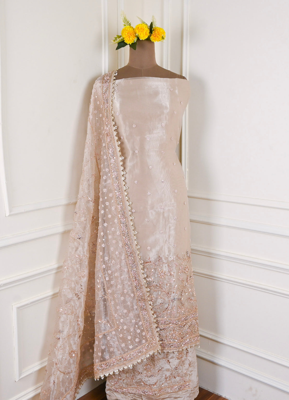 Glass Shimmer Beige Unstitched Suit