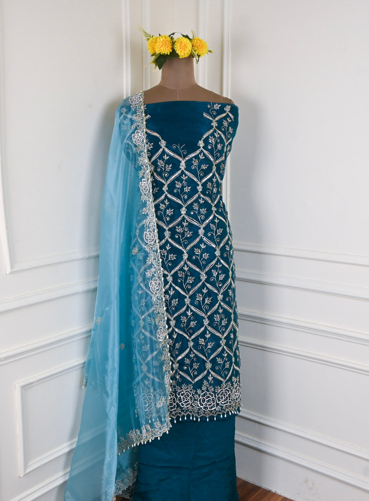 Glass Organza Navy Blue Unstitched Suit