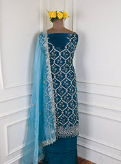 Glass Organza Navy Blue Unstitched Suit