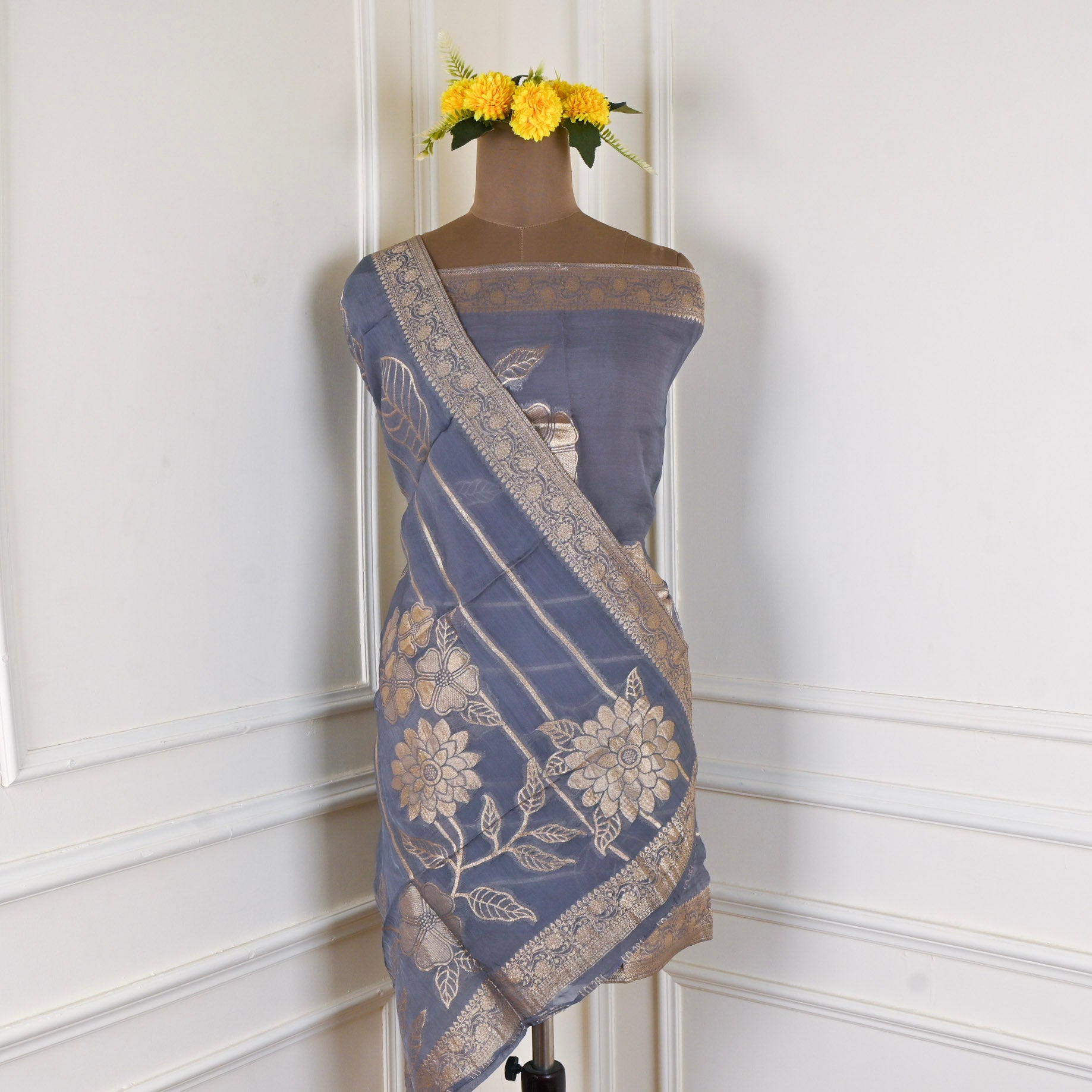Banarasi Silk Grey Unstitched Suit