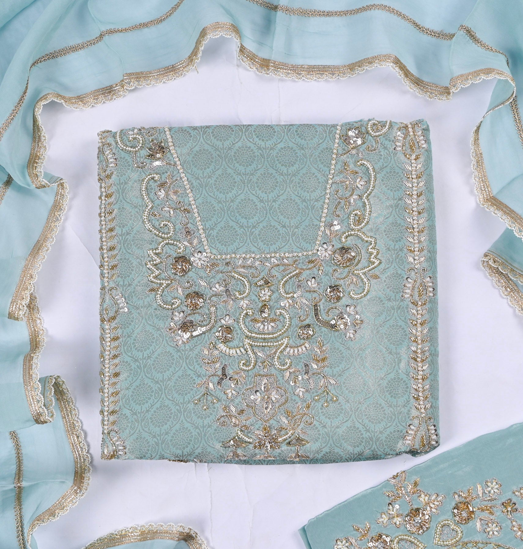 Brocade Silk Ferozi Unstitched Suit