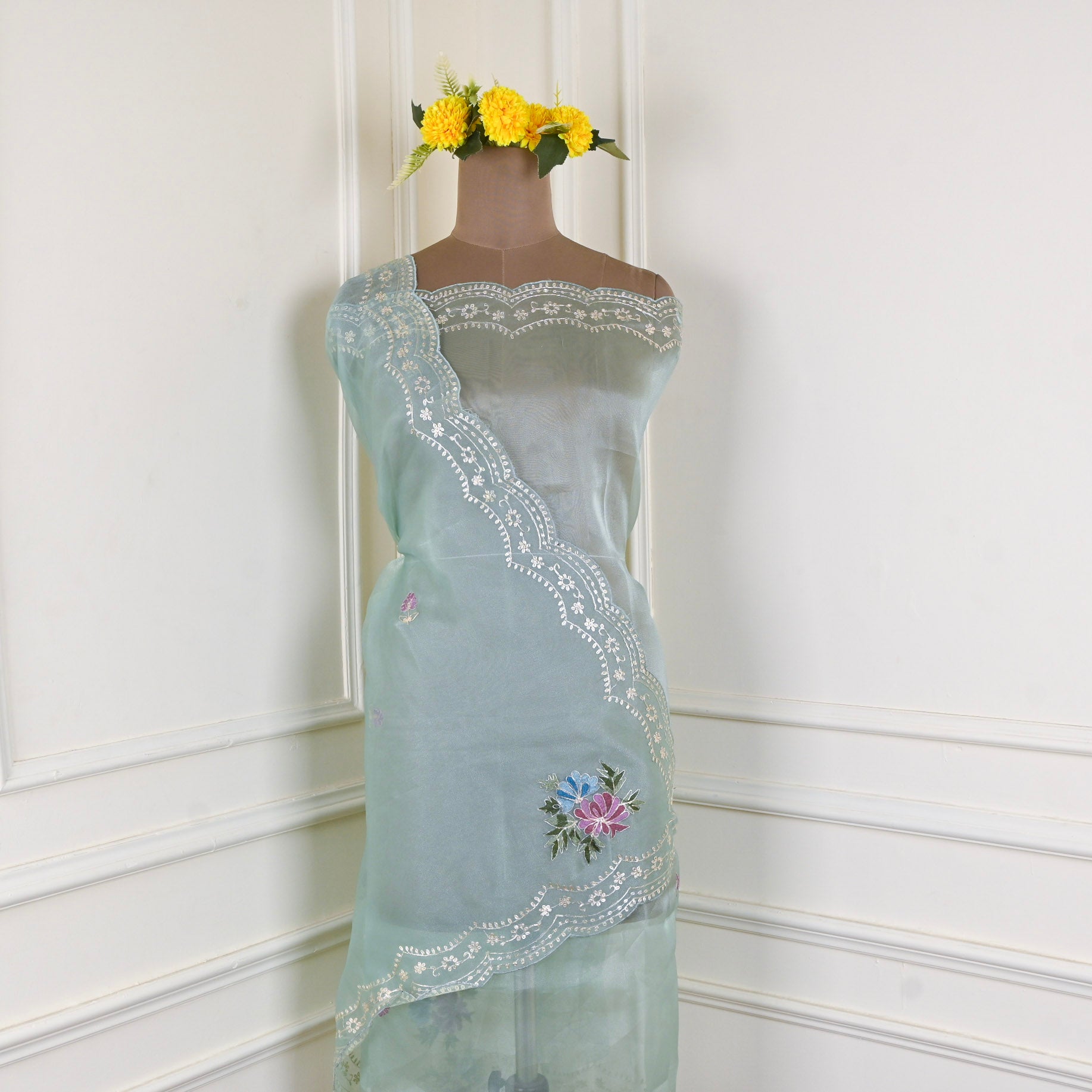 Glass Shimmer Pista Green Unstitched Suit