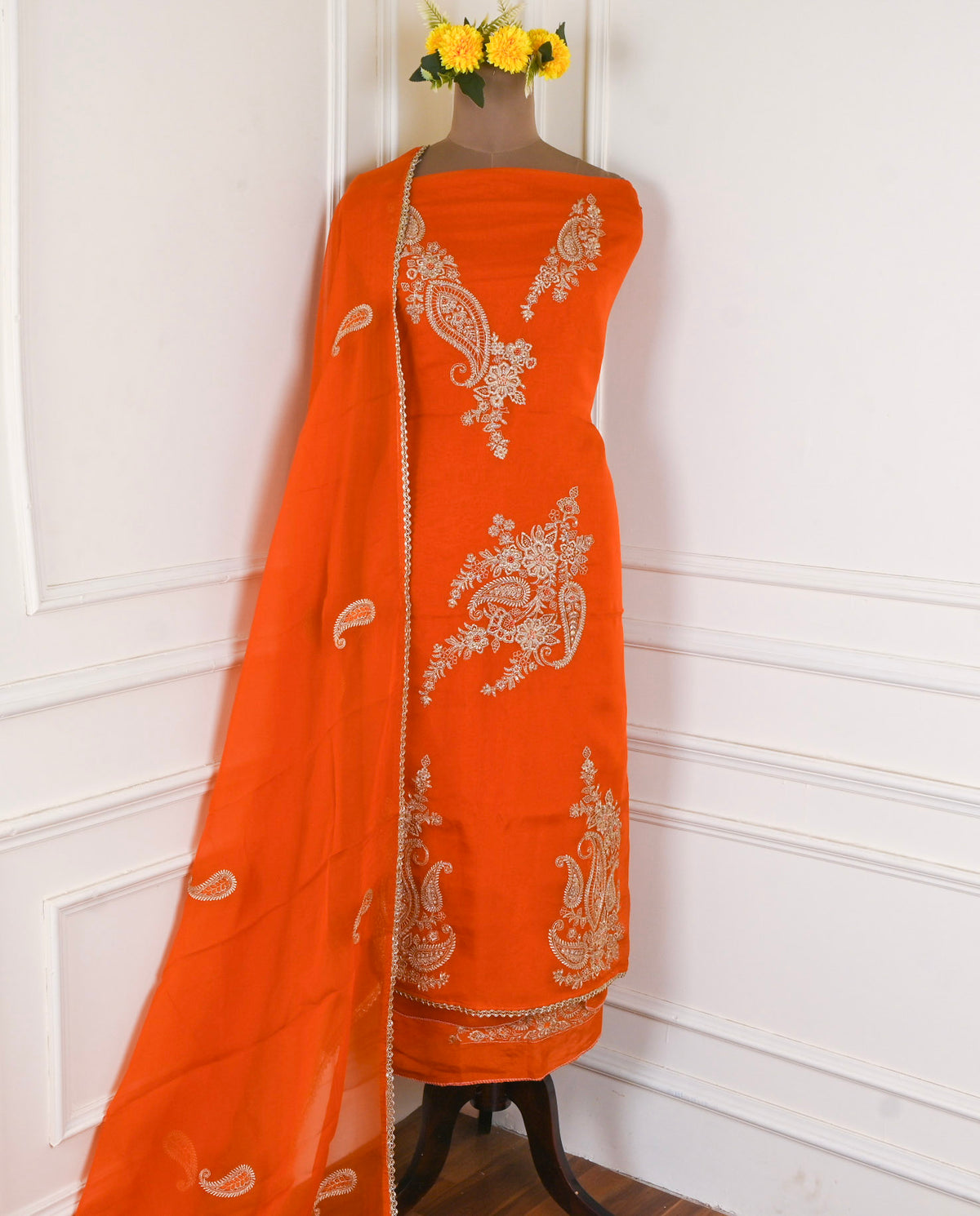 Organza Orange Unstitched Suit