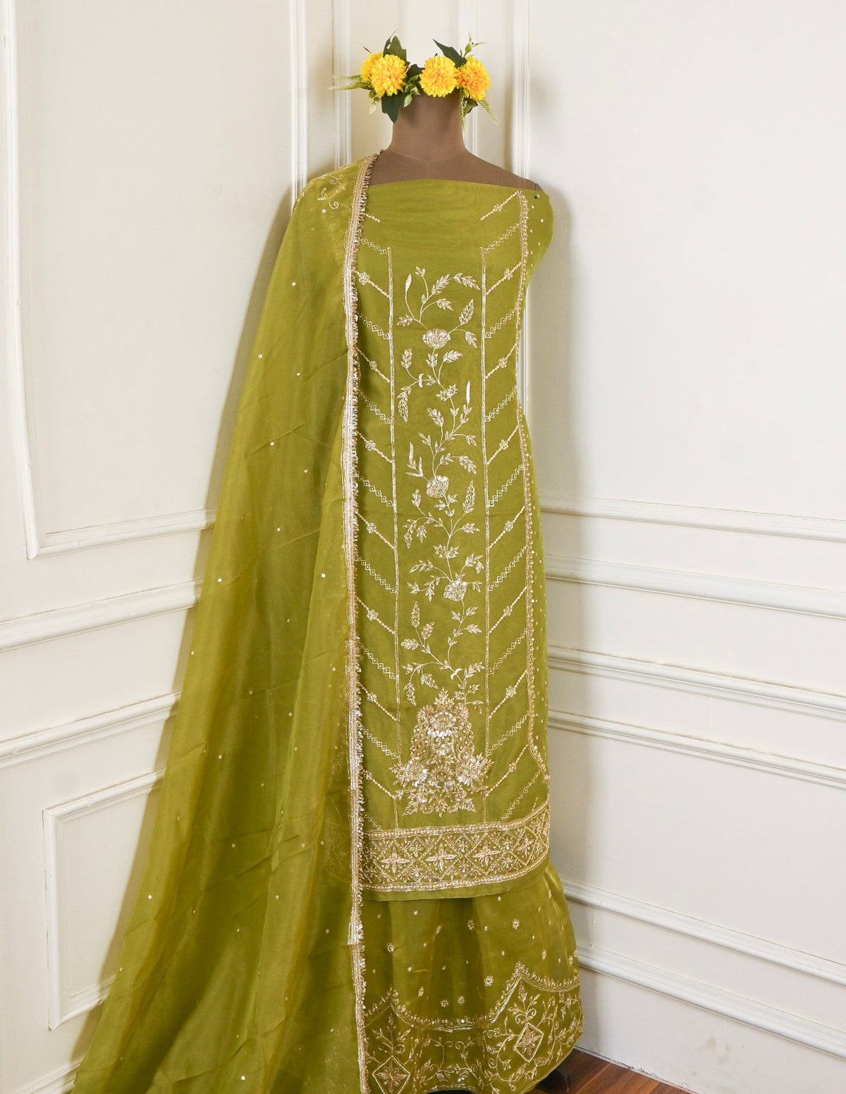 Shimmer Mehandi Unstitched Lehenga Suit