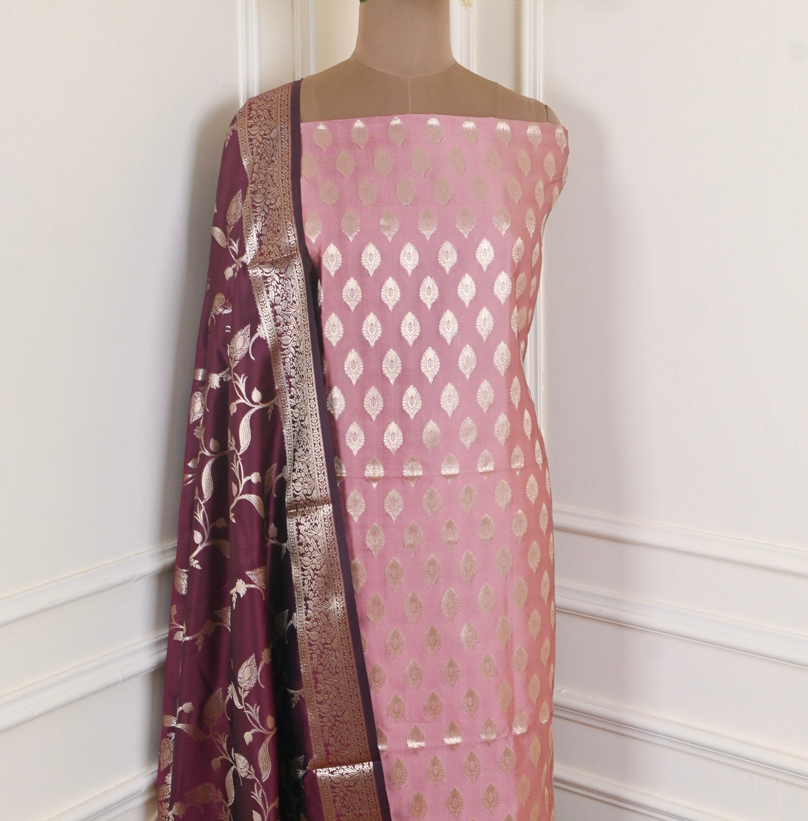 Banarasi Silk Pink Unstitched Suit