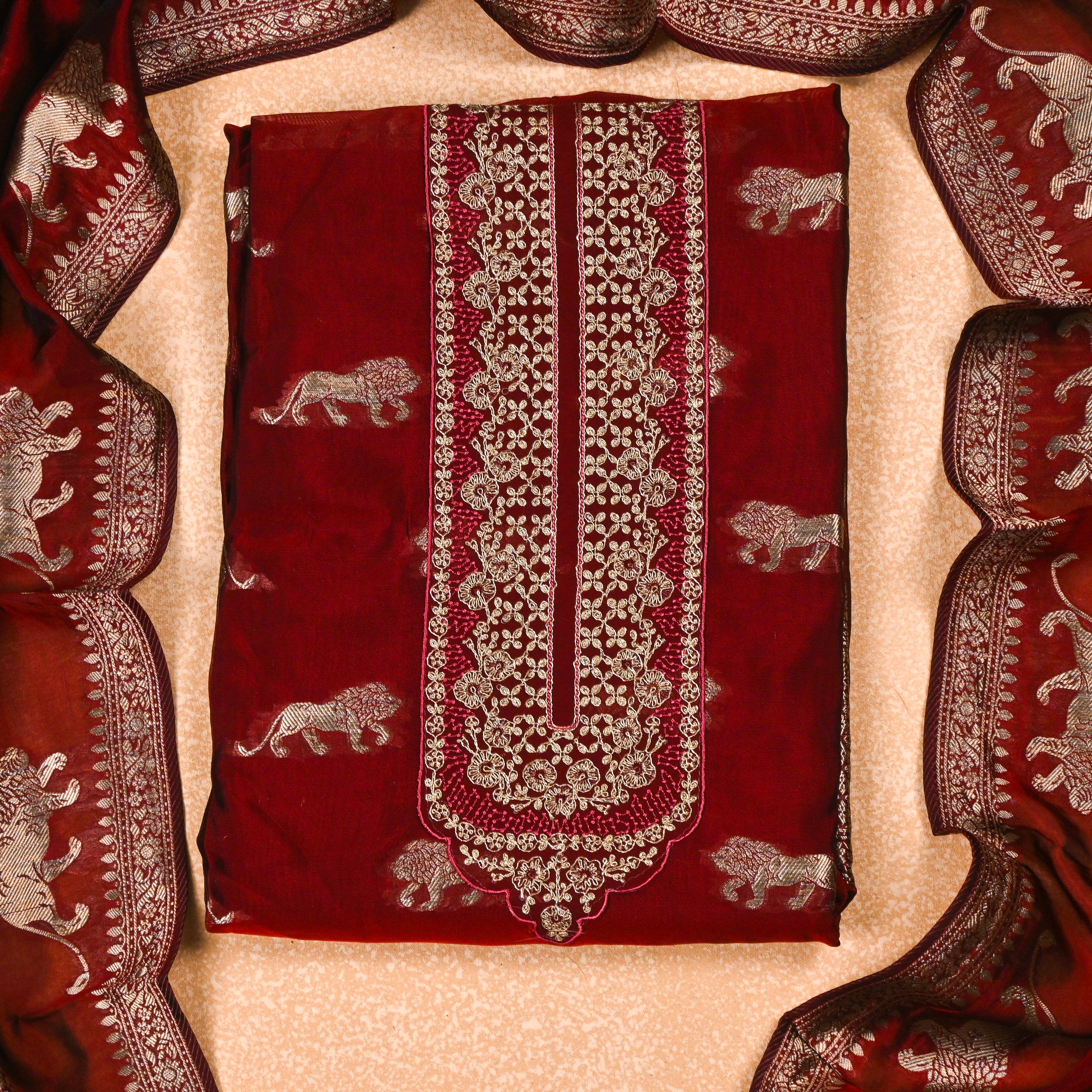 Banarasi Maroon Unstitched Suit