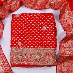 Banarasi Silk Red Unstitched Suit